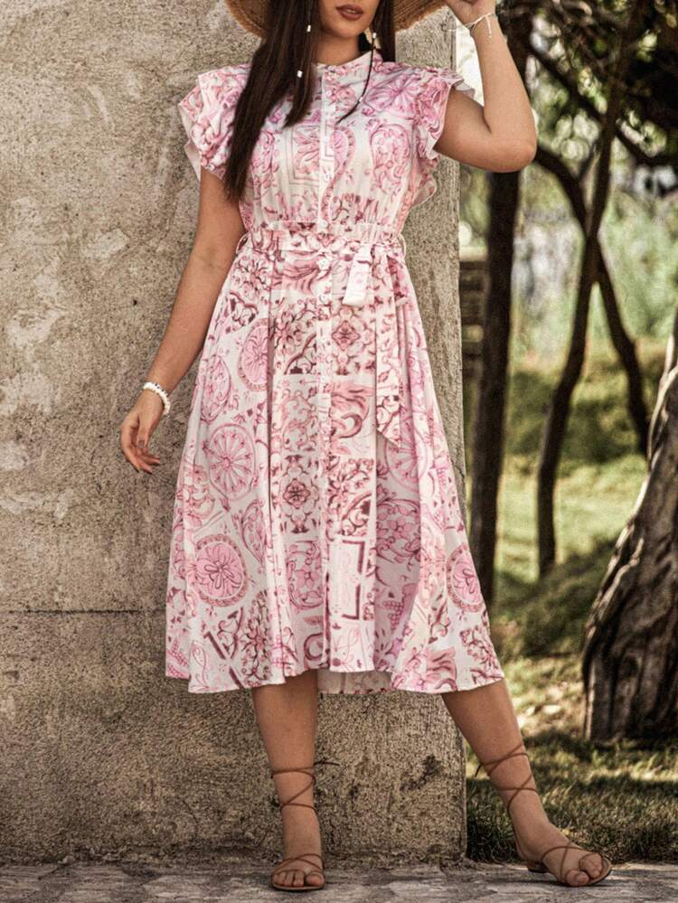 Plus Size Women's Floral Print Double Layer Sleeves Dress