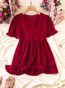 EMERY ROSE 大尺碼交叉領口、泡泡袖、打結下擺上衣 - 紅色 - 查看 1