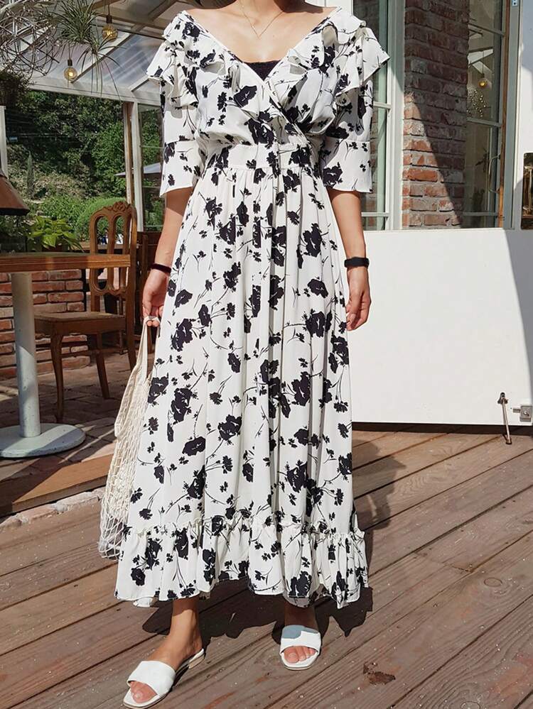 Women's Floral Print V-Neck Ruffle Edge Waist Belted Dress Sundress Vacation Outfits Women Easter Boho
