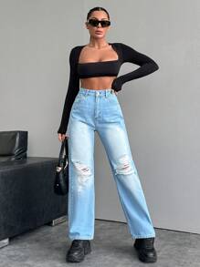 EURMUSE Ladies' Ripped Straight Jeans - Light Wash - View 5