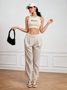 SHEIN Daily&Casual Pantalones Deportivos De Corte Recto En Color Sólido Para Mujer - Camel - Ver 4