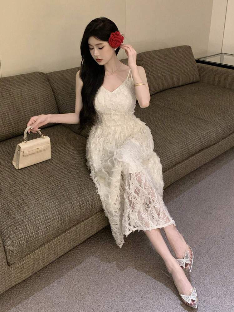 Soft And Delicate Style Feather Print Spaghetti Strap Dress SunDress