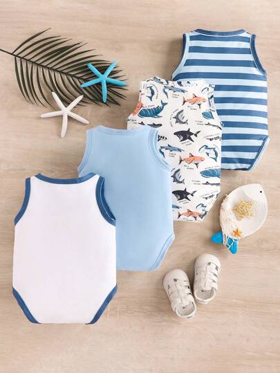 SHEIN Vintaside Kids Bộ 4 món áo liền quần không tay in hình cá mập ngộ nghĩnh và kẻ sọc cho bé trai, thích hợp cho kỳ nghỉ xuân/hè.