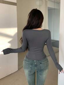 DAZY Solid Color Round Neck Half-Buttoned Bodycon Long Sleeve Women's T-Shirt,Fall Women Clothes - Dark Grey - View 2