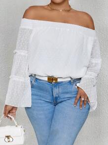 SHEIN Unity Plus Size Women'S Off Shoulder Flared Sleeve Top - White - View 4