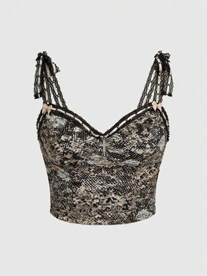 Goth Top De Tirantes Con Encaje Y Estampado De Serpiente Con Lazo En El Hombro