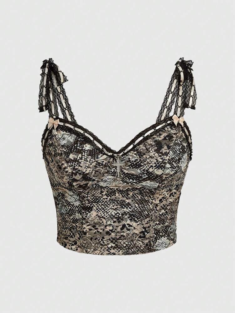 Snake-Print Lace Shoulder Tie Front Cami Top