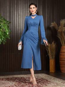 Modelyn Vestido largo de noche con escote de ojo de cerradura, parches y abertura en el bajo de la manga - Neblina azul - Ver 3