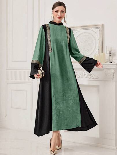 Al Najma Women's Stand Collar Patchwork Belted Flare Sleeve Abaya Dress With Weaving Detail, Modest