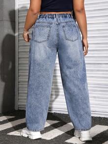 SHEIN EZwear 大尺碼牛仔緊身褲,具有口袋和踏步式腰身設計 - 中等水洗藍 - 查看 2