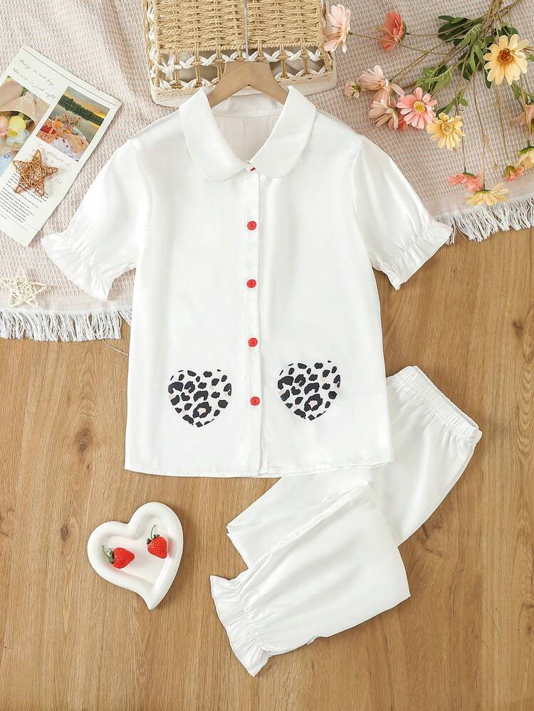 Teen Girls' Simple White Solid Color Pants And Short Sleeve Top With Two Pockets, Casual 2pcs Home Clothes
