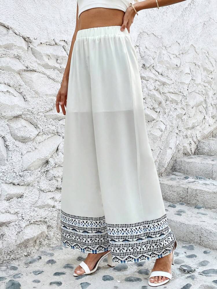 Women's Elastic Waist Wide Leg Pants With Geometric Patterns