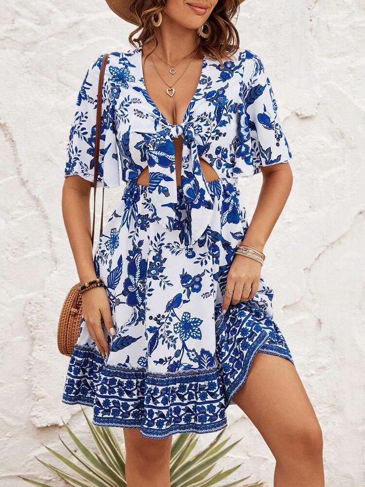 Women's Floral Printed Hollow Out Lace Up Dress