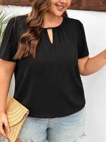 SHEIN LUNE 大尺碼女泡泡袖鎖孔領襯衫 - 黑色 - 查看 4