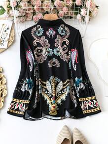 SHEIN Của phụ nữ In hoa Tay áo dài Áo sơ mi - màu đen - Xem 2