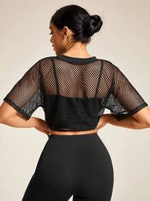 SHEIN Sports 抽绳下摆短款渔网运动卫衣 短款卫衣 圆领女式卫衣 - 黑色 - 查看 2