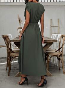 Breezaya Women's Solid Color Batwing Sleeve Wrap Dress - Army Green - View 4