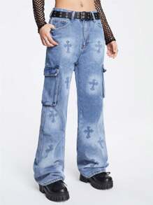 ROMWE Grunge Punk 交叉印花翻蓋口袋工裝牛仔褲 - 中等水洗藍 - 查看 3