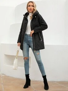 GASMAN Women's Zippered Front Hooded Regular Fit Padded Coat