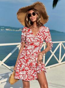 SHEIN VCAY Women's Puff Sleeve Plant Print Dress - Multicolor - View 4