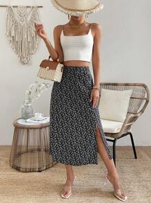 SHEIN VCAY Váy xẻ cao in họa tiết toàn thân cho nữ - màu đen - Xem 5