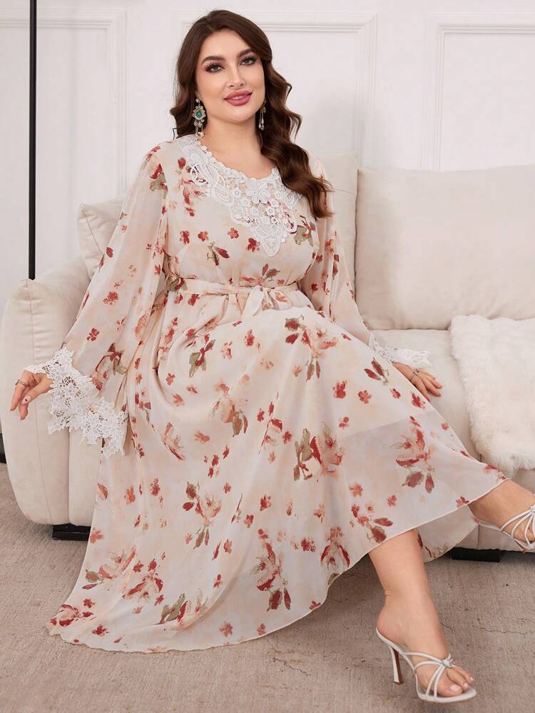 Plus Size Elegant Floral Print Lace Patchwork Dress