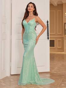 Vestido De Noche De Sirena Brillante Con Piezas De Hueso De Pez Y Dobladillo Con Volantes - verde menta - Ver 4