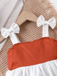 SHEIN Young Girl's Color Block Cami Dress With Bow Embellishment