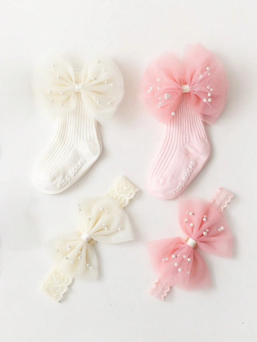 寶寶和兒童的可愛蝴蝶結裝飾襪子 - 粉色 - 查看 1