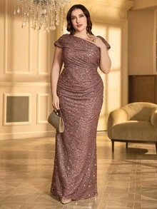 UNITHORSE UNITHORSE Plus Size Sequin Ruched Asymmetric Neckline Formal Dress Party Dress Wedding Guest Dress Evening Dress, Bride Dress, Birthday Women Outfits, Graduation Dress,Gown