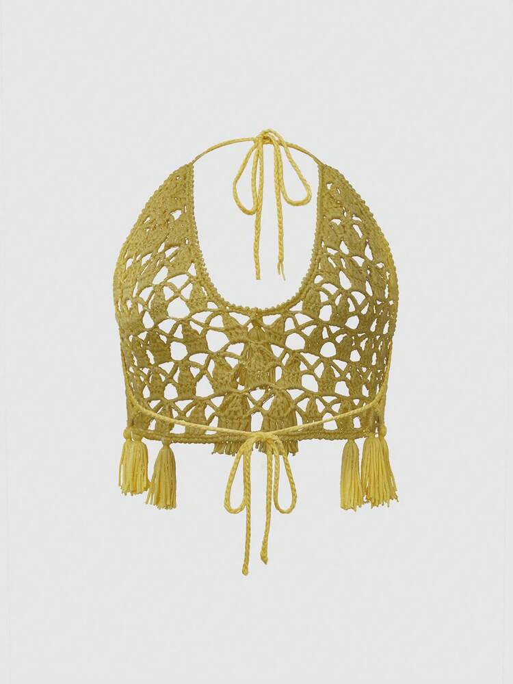 Solid Color Knitted Cutout Halter Neck Fringed Top