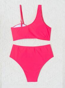 Teen Girl Two Pieces Color Block Asymmetrical Shoulder Bikini Set Summer Beach