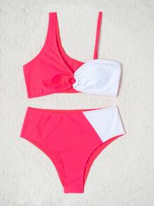 Teen Girl Two Pieces Color Block Asymmetrical Shoulder Bikini Set Summer Beach