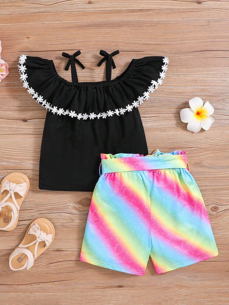 Fashionable Baby Girl's Color Block Lace Trimmed Tank Top And Printed Shorts Set, Spring/Summer