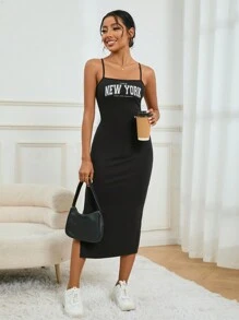 SHEIN Essnce Women'S Knitted Bodycon Dress With Letter Print And Spaghetti Strap, Suitable For Light Exercise - Black - View 5