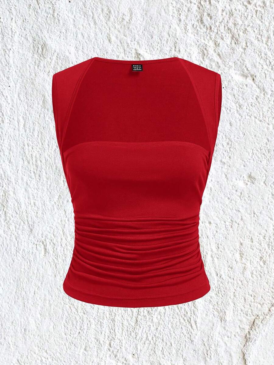 SHEIN EZwear Solid Color Knitted Ruffled Slim Fit Tank Top - Red - View 1