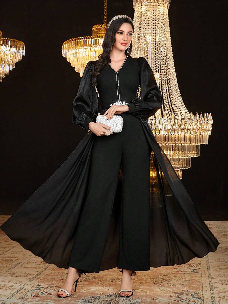 Women's Solid Color V-Neck Bubble Sleeve Jumpsuit,Elegant Evening Party Dress