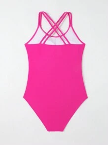 Teen Girls' Crossed Back One Piece Swimsuit With Ribbed Details - Hot Pink - View 2
