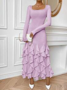SHEIN Privé Women's Solid Color Frill Trim Fish Tail Bodycon Dress - Mauve Purple - View 3