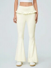 SHEIN Qutie Balletcore Elastic Waist Ruffle Flared Pants With Trumpet Hem - Pink - View 5