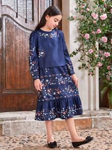 SHEIN Tween Girl Set Of 2pcs Vintage Floral Patterned Round Neck Long Sleeve Shirt With Ruffle Trim Skirt & Matching Outfits For Mommy And Me (Each Set Sold Separately)