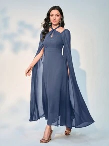Modelyn 女款純色斗篷袖掛脖連身裙 - 霧霾藍 - 查看 3