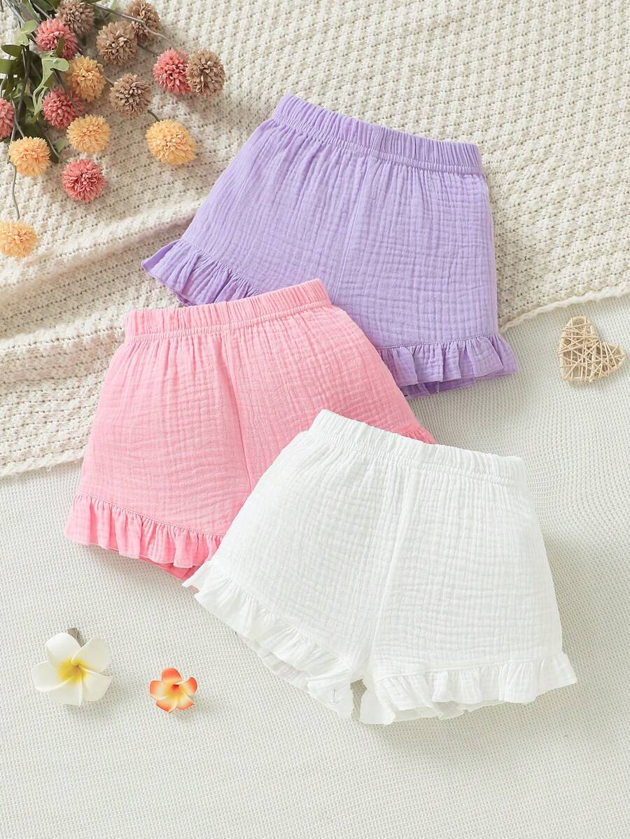 SHEIN Vintaside Kids 3pcs/Set Solid Color Ruffled Shorts For Baby Girls - Multicolor - View 1