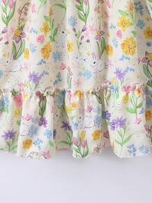 SHEIN Vintaside Kids Young Girls' Lovely Grass And Flowers Printed Bunny Dress For Summer,Holiday,Summer,Travel - Multicolor - View 4