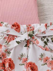 SHEIN 女童休闲针织吊带背心和碎花短裤套装，春夏 - 粉色 - 查看 6