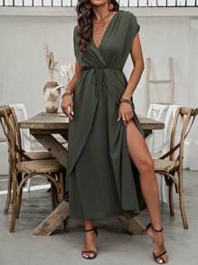 Breezaya Women's Solid Color Batwing Sleeve Wrap Dress - Army Green - View 7