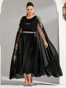 Modelyn Plus Size Women's Embroidered Cape Sleeve Arabic Dress,Elegant Evening Party Dress Long Evening Dresses