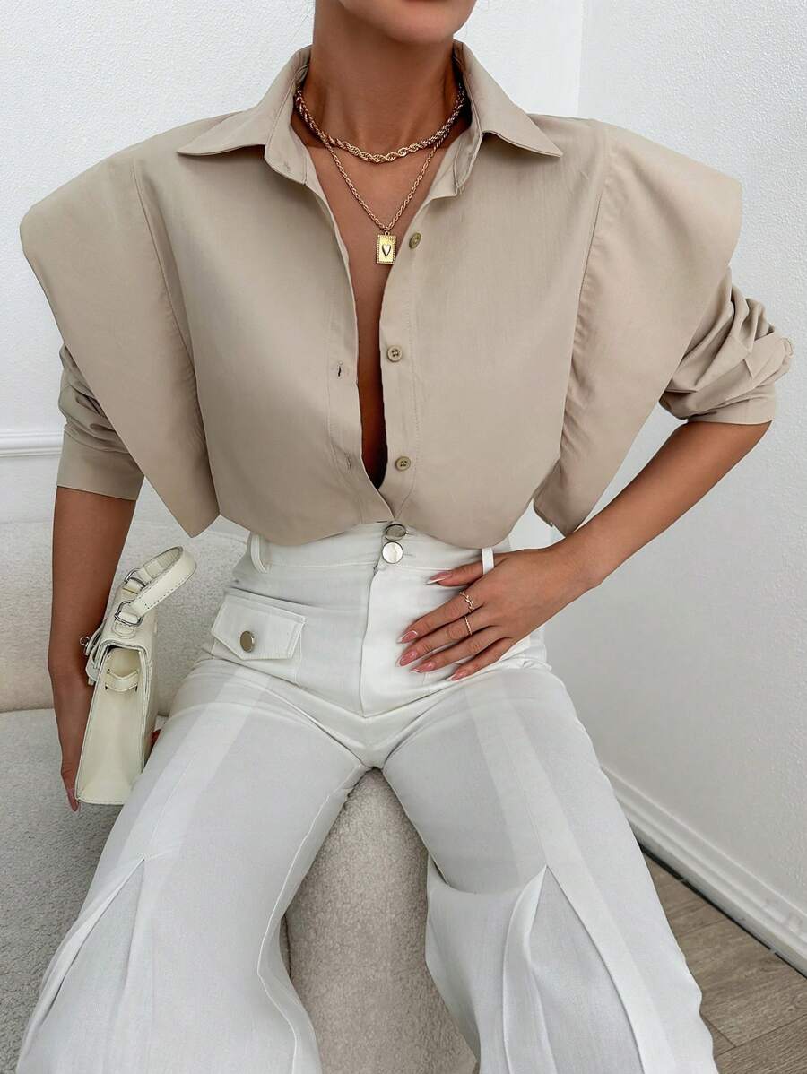 EURMUSE Damen Einfarbiges Langarmshirt - Khaki - Übersicht 1