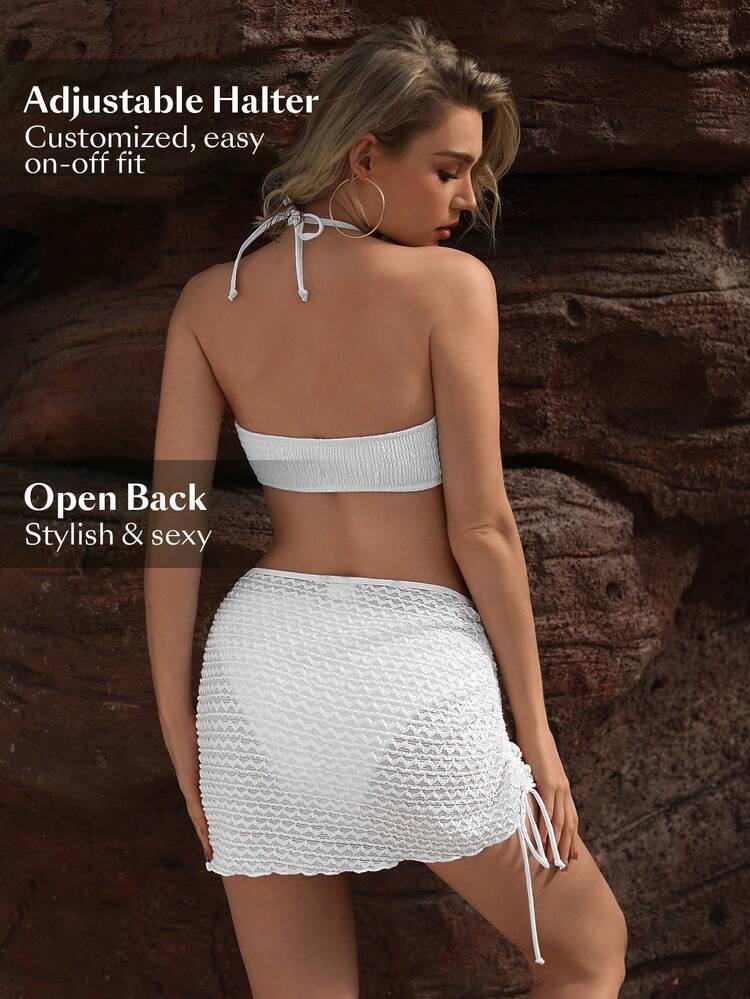 Summer Ladies Solid Texture Halter Bikini Set Wedding