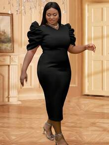 Robe de soirée moulante à manches bouffantes ajourées de grande taille, élégante, pour cocktail, semi-formelle, pour bal de promo, invité de mariage. Convient pour anniversaire, remise de diplôme, dîner, bal des finissants. - Noir - Voir 7